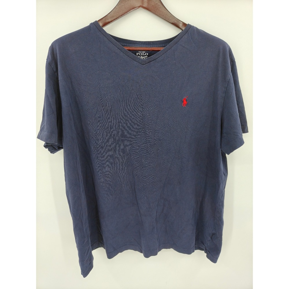 Polo Ralph Lauren Mens XL V-Neck T-Shirt Navy Blue Red Pony Logo Cotton Tee